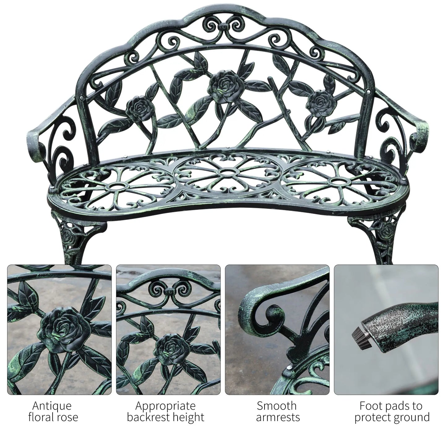 40" Outdoor Garden Bench, Cast Aluminum Antique Rose, Green Outdoor Benches at Gallery Canada