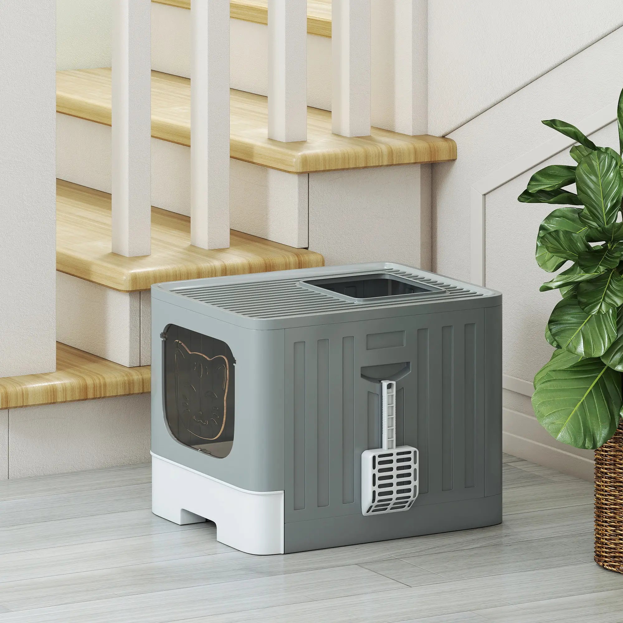 Foldable Cat Litter Box With Lid, Slide-Out Drawer, Scoop, Easy Clean, Grey Cat Litter Box Enclosures at Gallery Canada