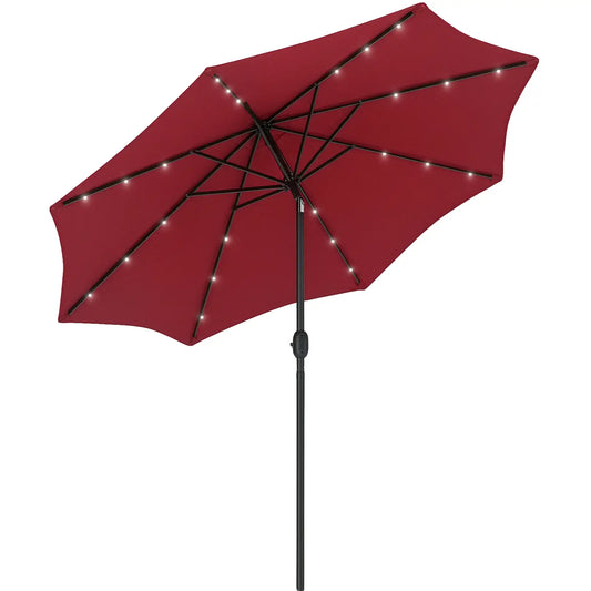 9ft Solar Patio Umbrella, 24 LED Lights, Tilt Canopy, Wine Red Sun Umbrellas Wine Red, Dark Grey at Gallery Canada