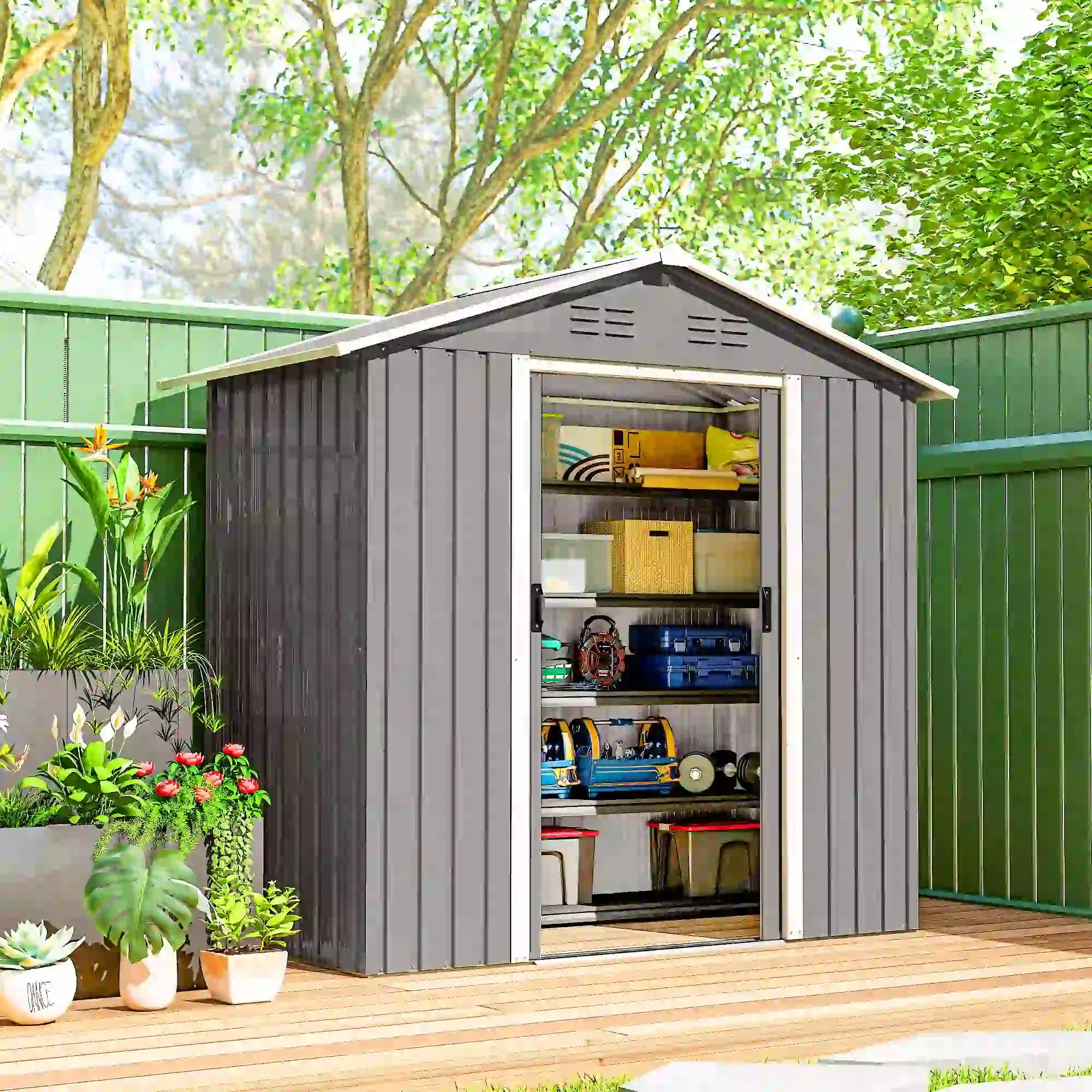6.5x3.5ft Metal Garden Storage Shed, Double Sliding Doors, Light Grey Sheds at Gallery Canada