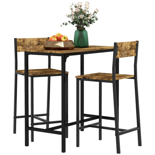 Industrial Bar Table Set, 3 Piece, 2 High Back Stools, Rustic Brown