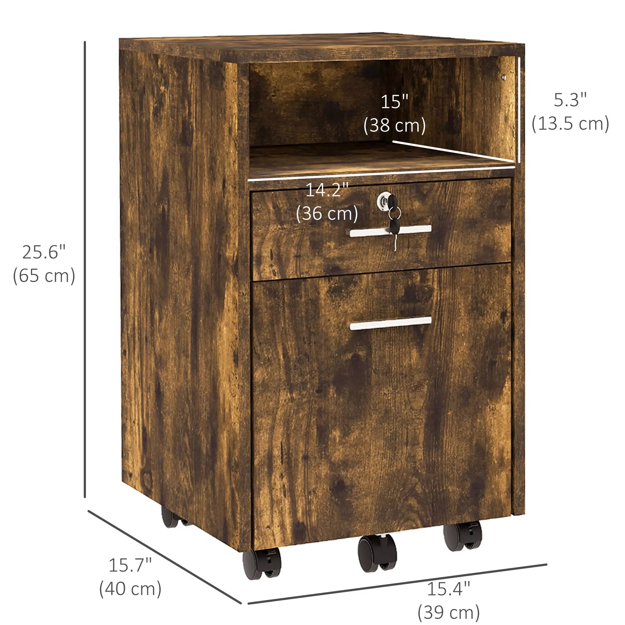 Small 2-Drawer Filing Cabinet, Lockable, on Wheels, Rustic Brown Office Cabinets & Cupboards at Gallery Canada