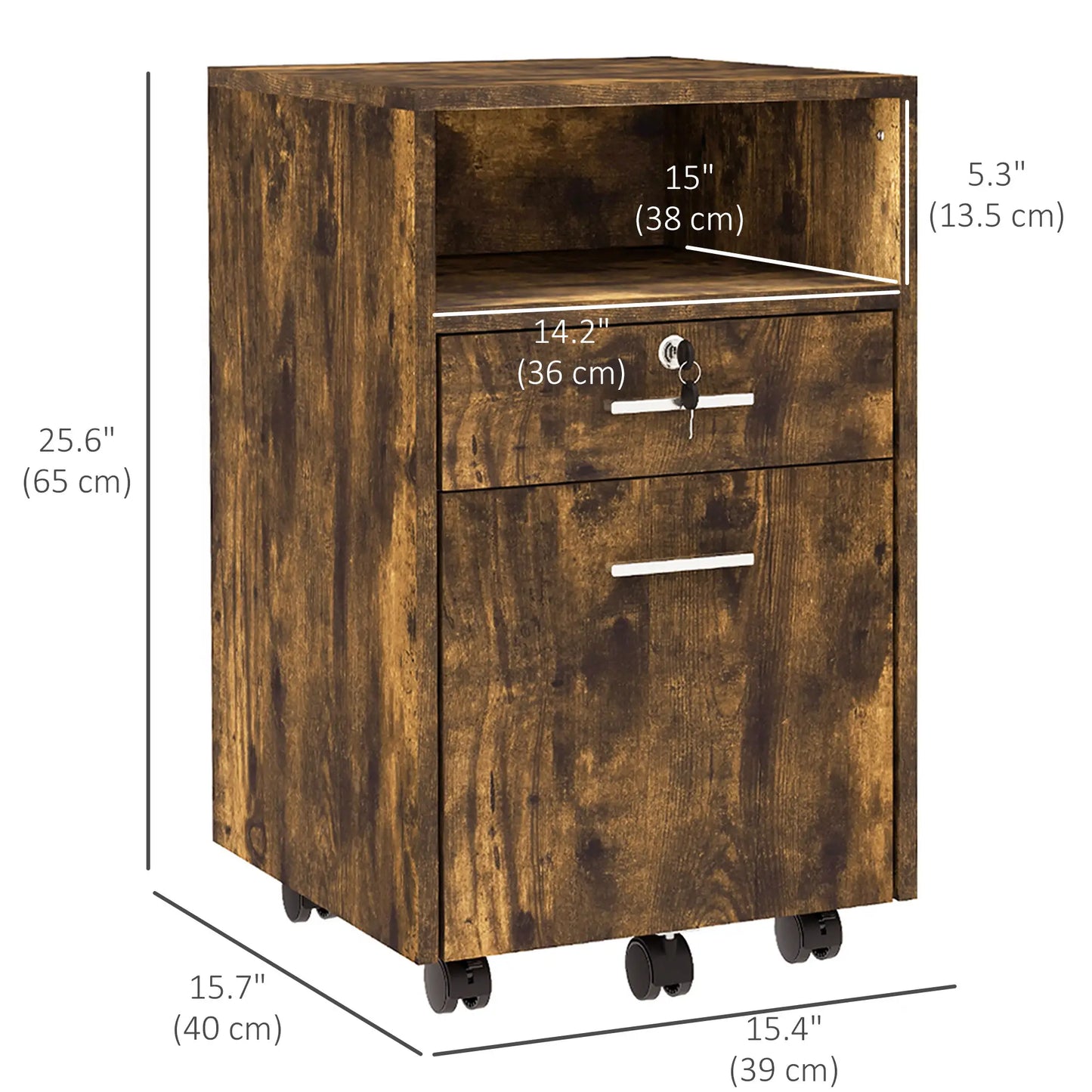 Small 2-Drawer Filing Cabinet, Lockable, on Wheels, Rustic Brown Office Cabinets & Cupboards at Gallery Canada
