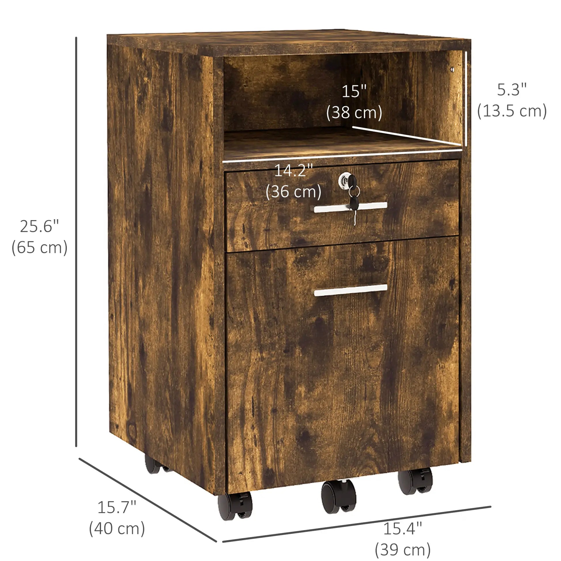 Small 2-Drawer Filing Cabinet, Lockable, on Wheels, Rustic Brown Office Cabinets & Cupboards at Gallery Canada