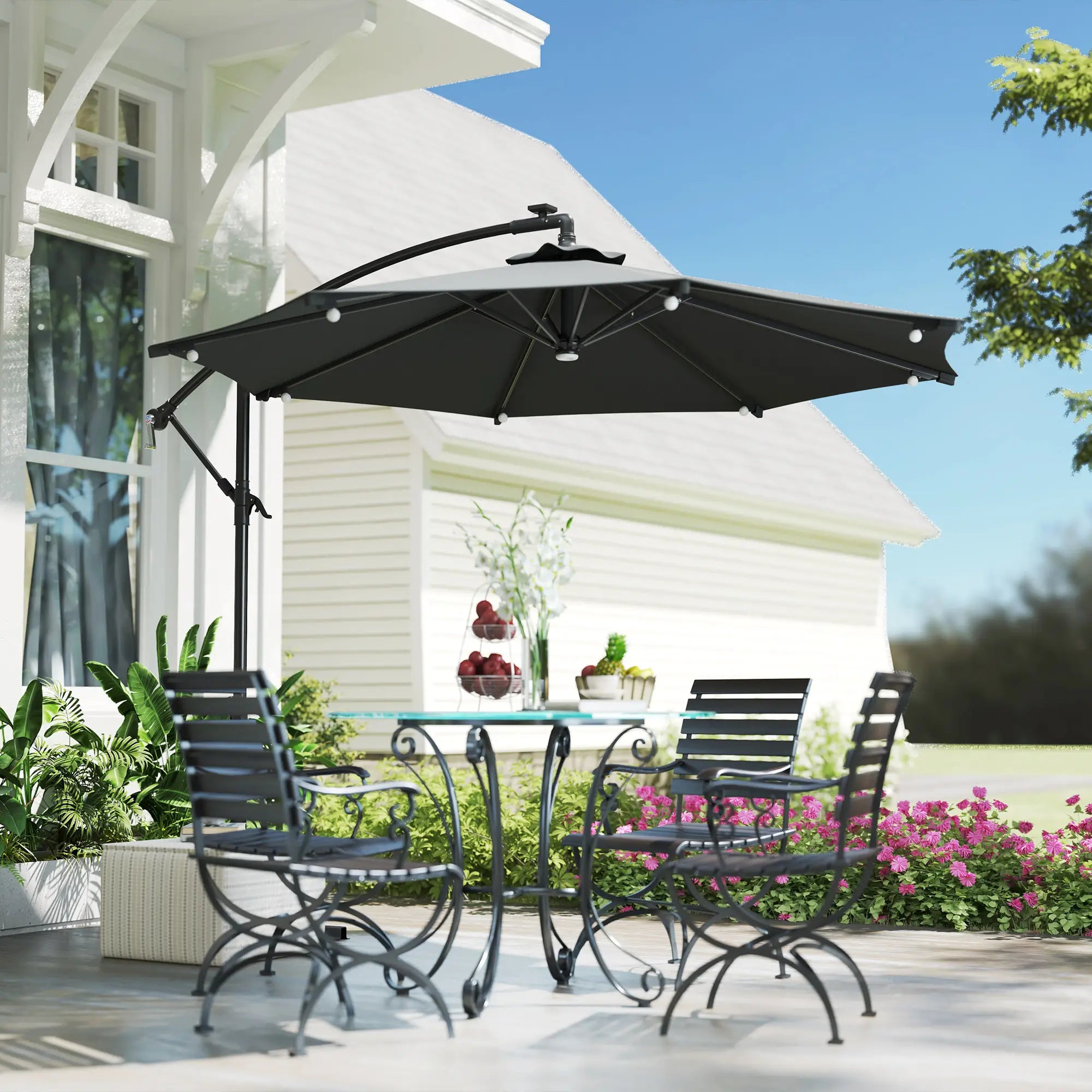 8.8FT Cantilever Patio Umbrella, Solar LED Lights, Crank Handle, Grey Offset Cantilever Umbrellas at Gallery Canada