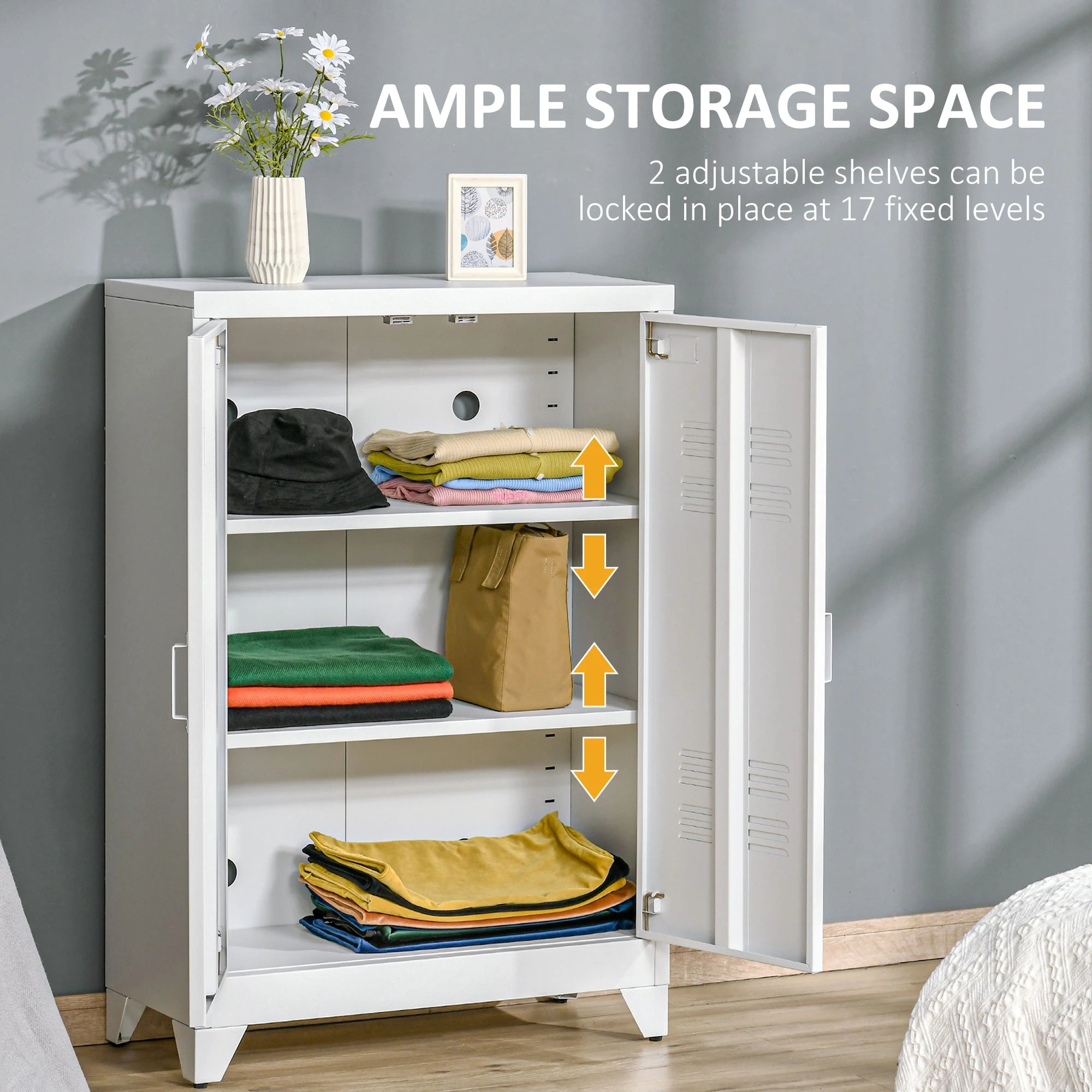 Metal Storage Cabinet, 2 Louvered Doors, Adjustable Shelves, White Storage Cabinets at Gallery Canada