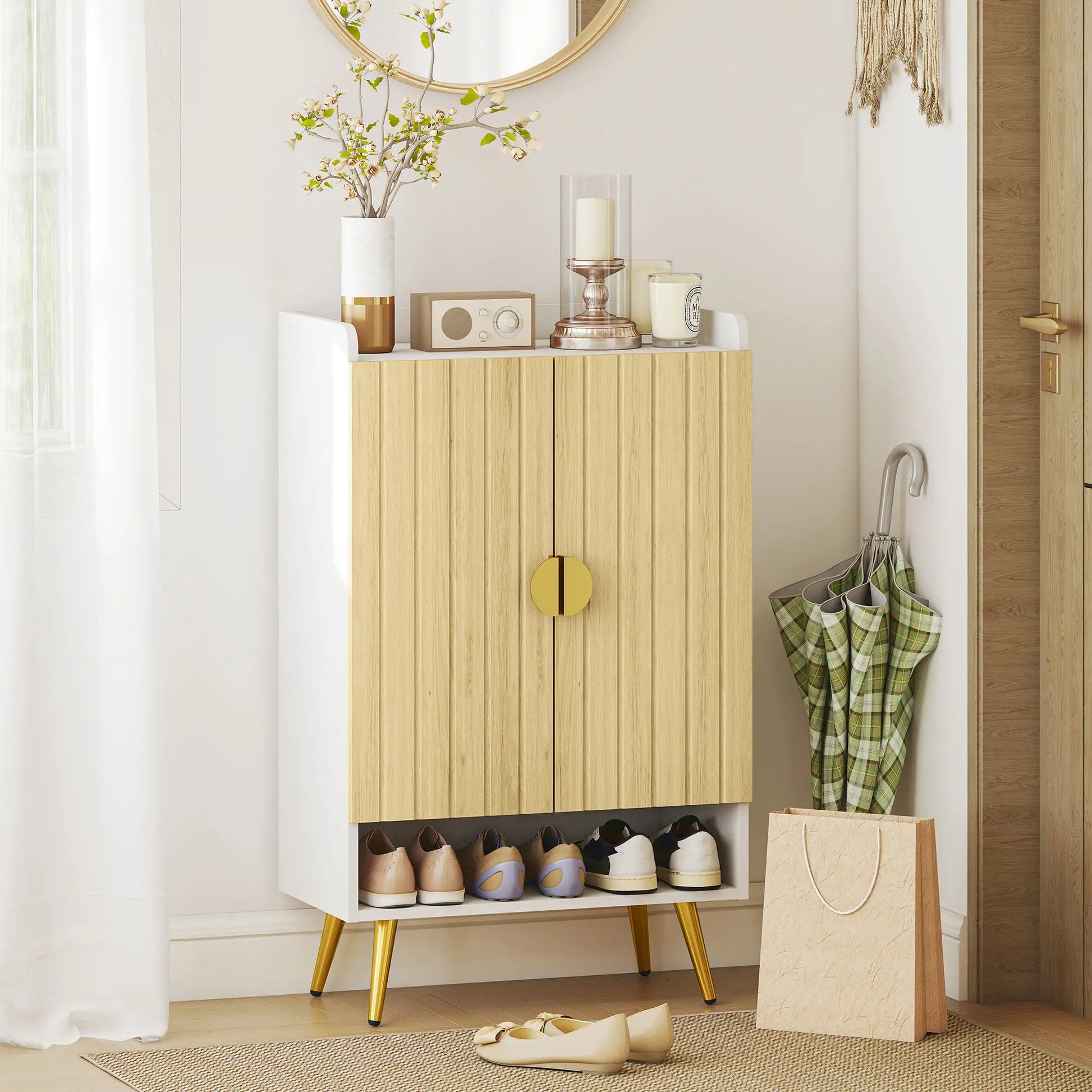 Entryway Shoe Storage Cabinet, Adjustable Shelves, Open Shelf, 15 Pairs, Natural Shoe Storage Cabinets & Racks at Gallery Canada