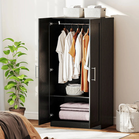 Modern Armoire Wardrobe Cabinet, 2 Doors With Hanging Rod, Black Wood Effect, Black Clothing Storage Black Wood Effect at Gallery Canada