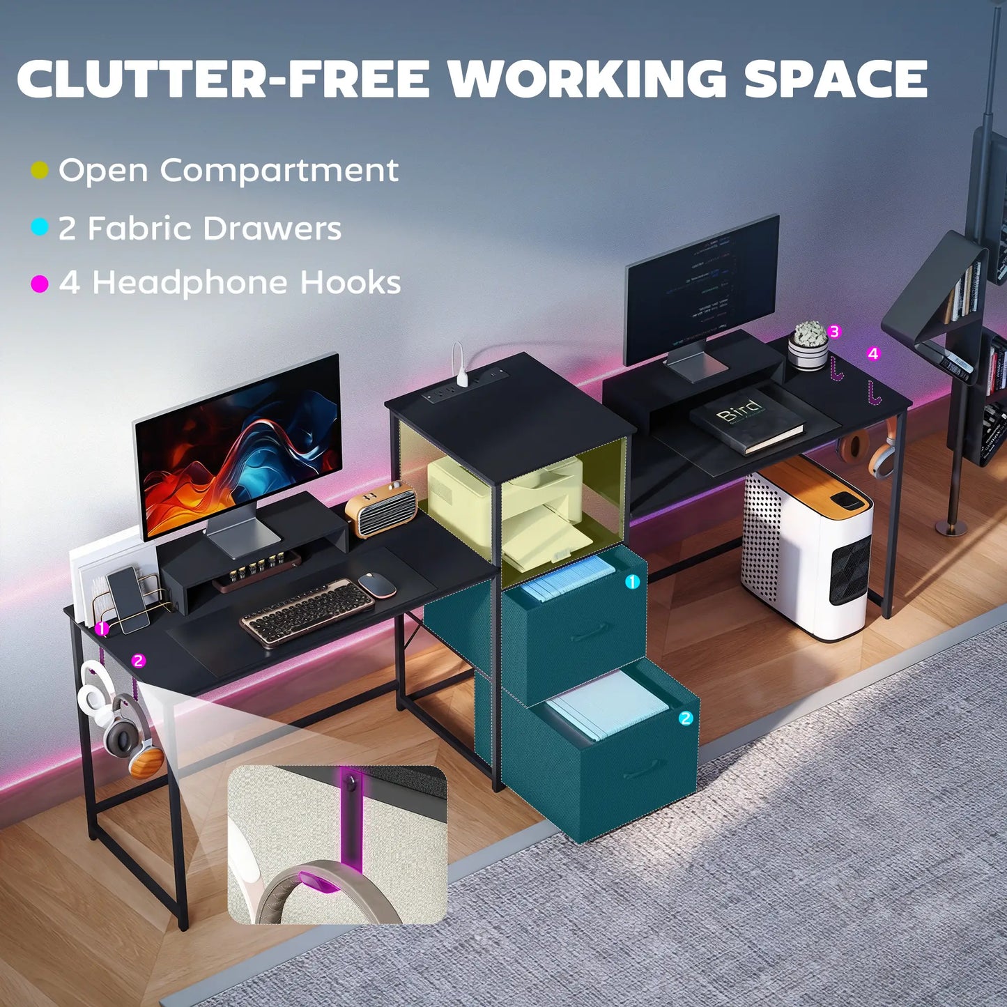 Bureau de jeu de 96 pouces, Bureau double pour ordinateurs, Noir