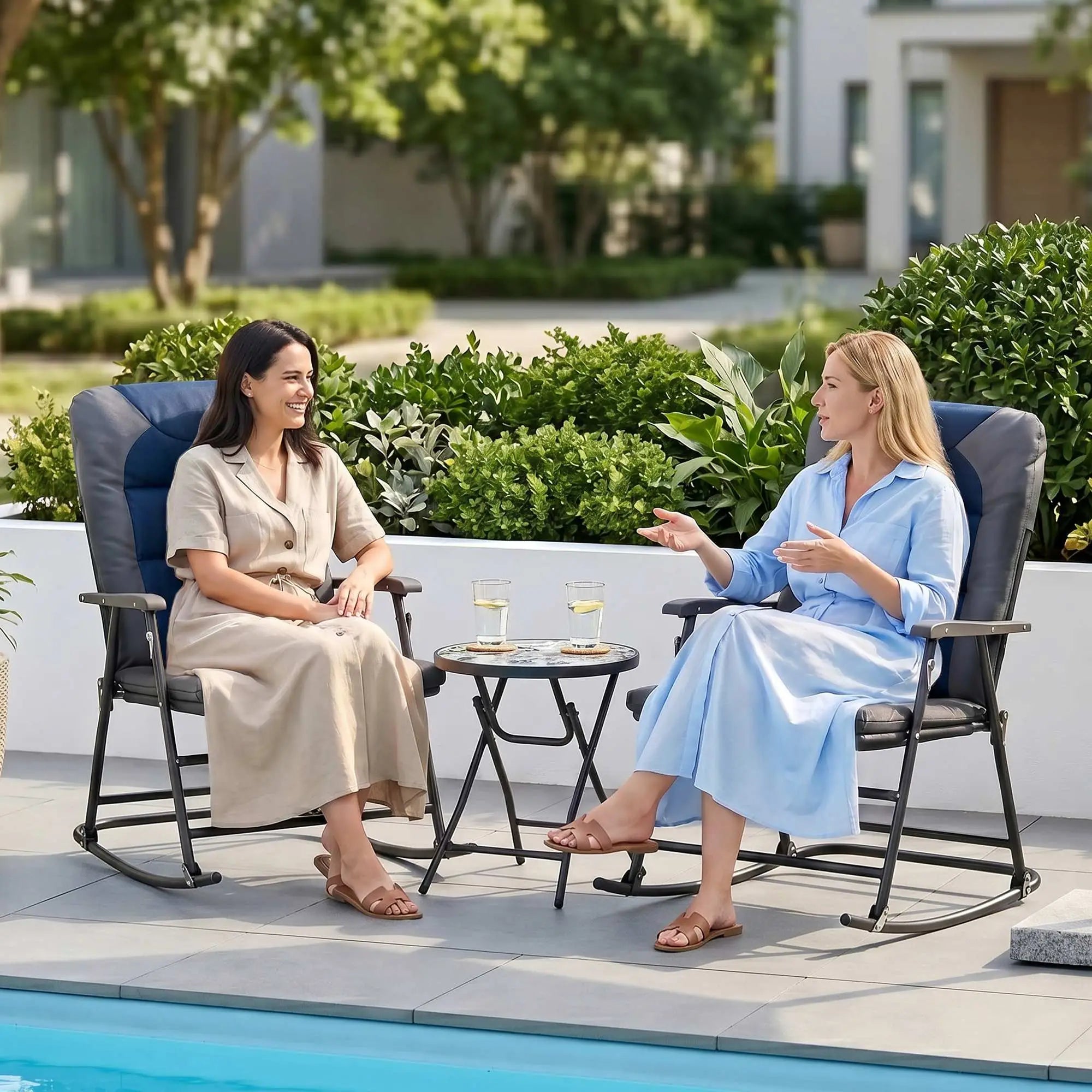 3pc Foldable Rocking Chair Set, Outdoor Bistro w/ Padded Seat, Blue Outdoor Rocking Chairs at Gallery Canada