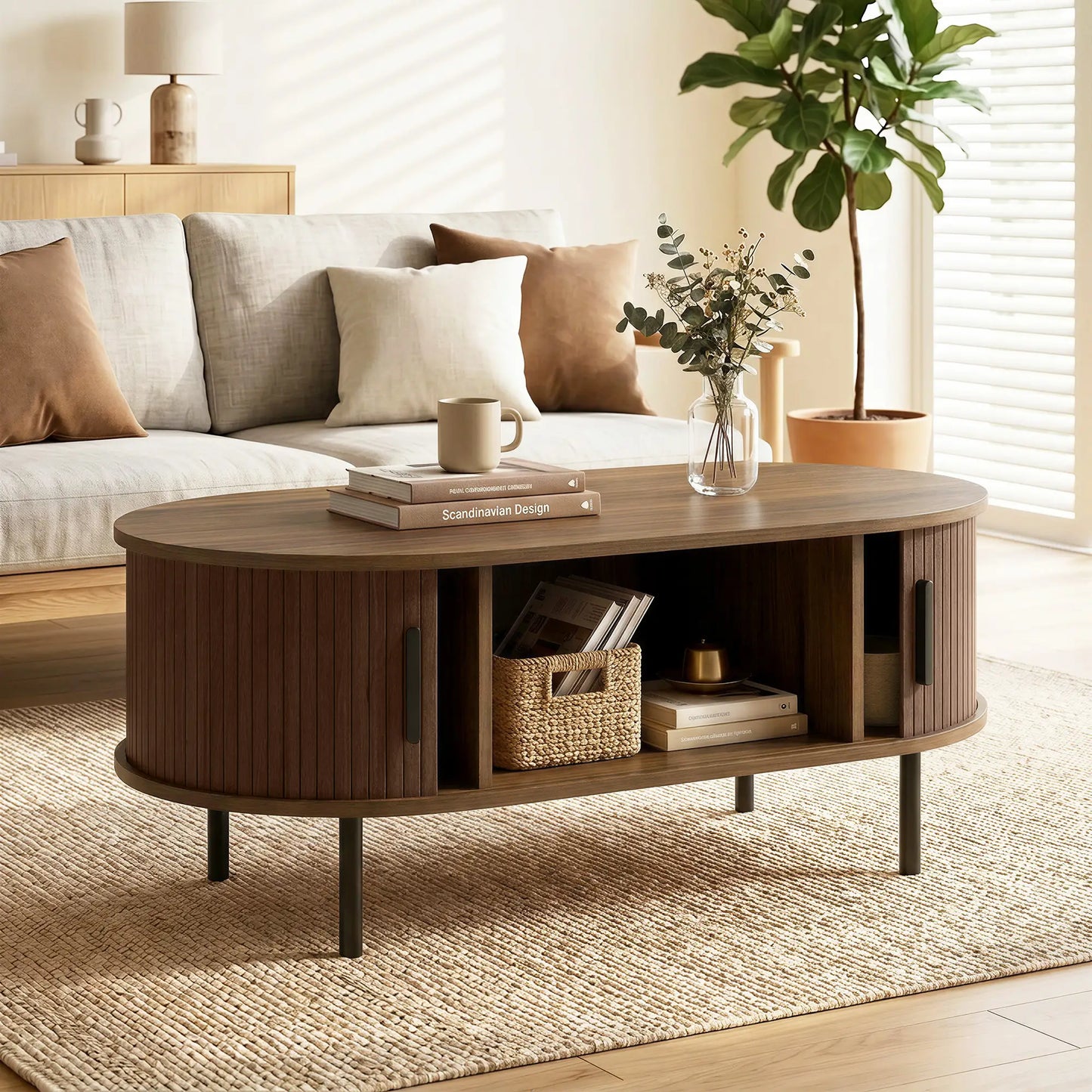 Coffee Table with Sliding Tambour Doors and Storage Center Table with Metal Legs, 39", Brown