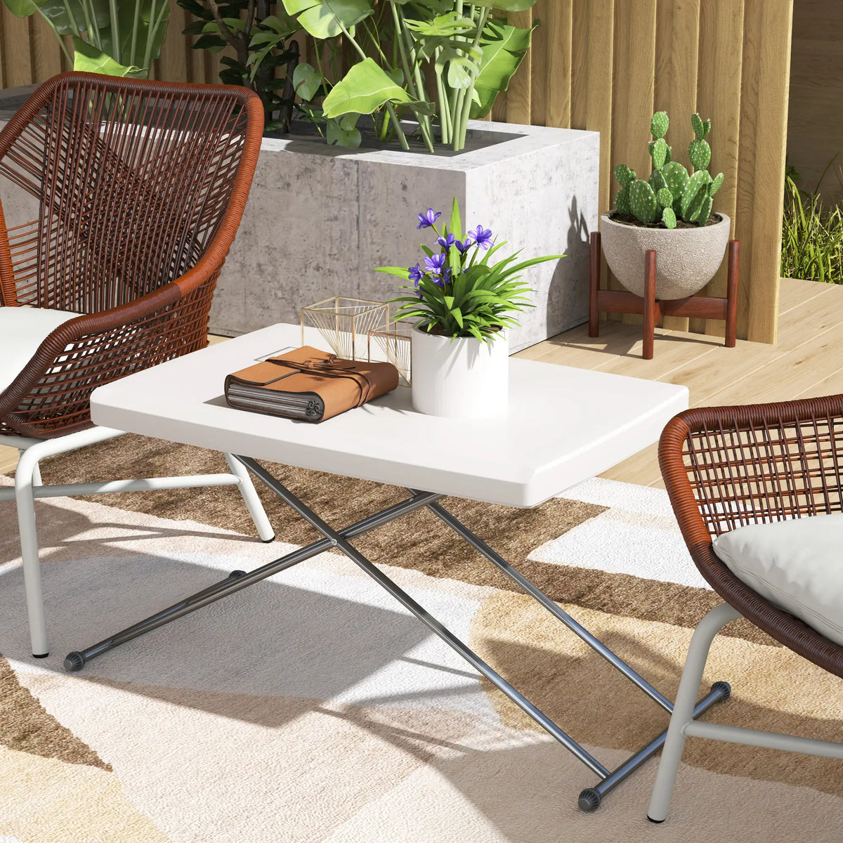 Folding Outdoor Patio Table, 3-Level Adjustable, HDPE Top, Steel Legs, White Patio Dinning Tables at Gallery Canada