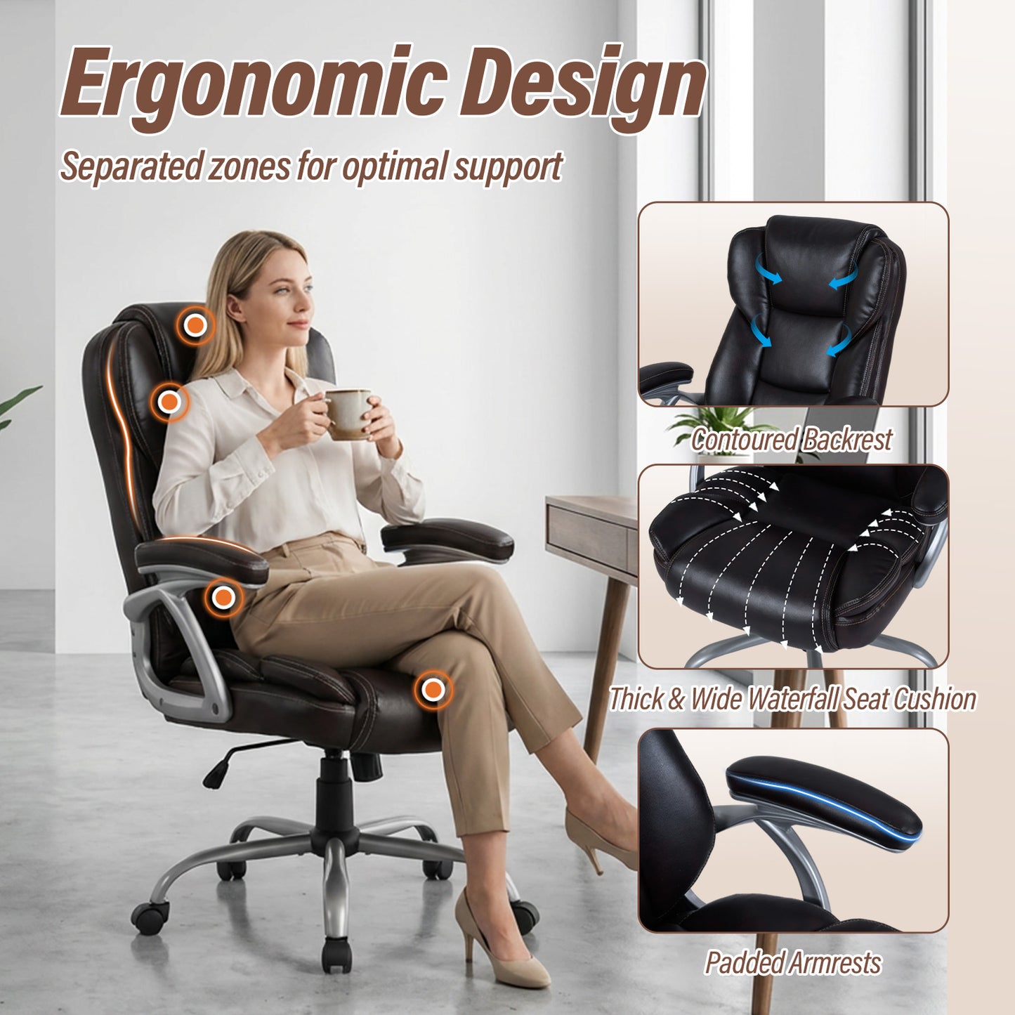 Executive Office Chair Leather Ergonomic Computer Desk Chair with Padded Seat and Armrests, Brown