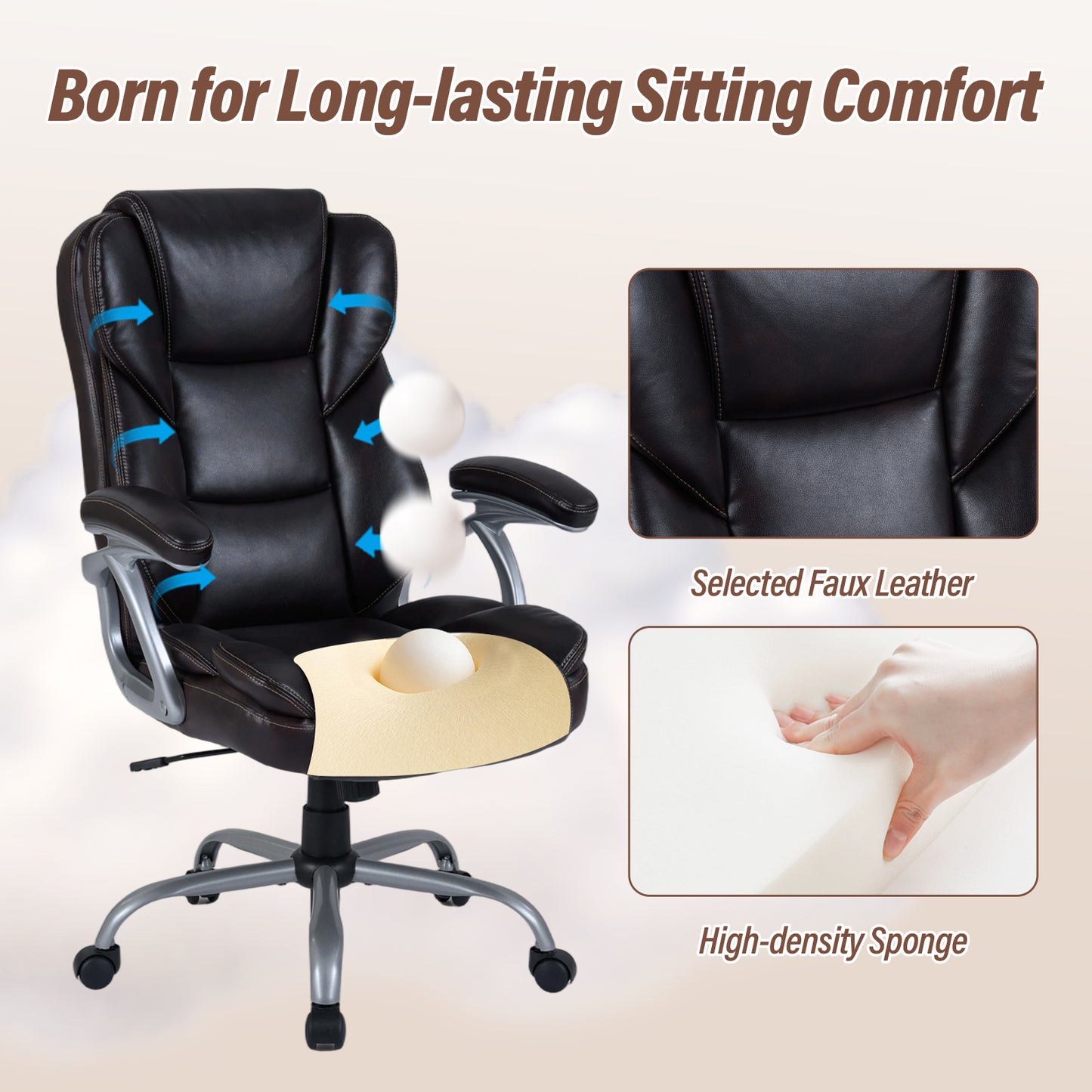 Executive Office Chair Leather Ergonomic Computer Desk Chair with Padded Seat and Armrests, Brown