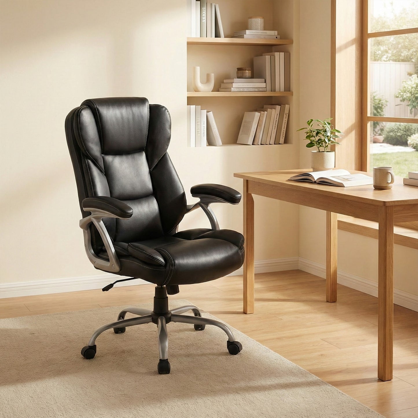 Executive Office Chair Leather Ergonomic Computer Desk Chair with Padded Seat and Armrests, Black