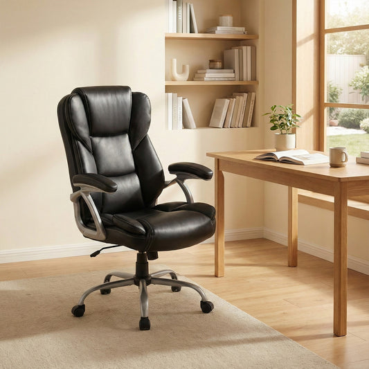 Executive Office Chair Leather Ergonomic Computer Desk Chair with Padded Seat and Armrests, Black