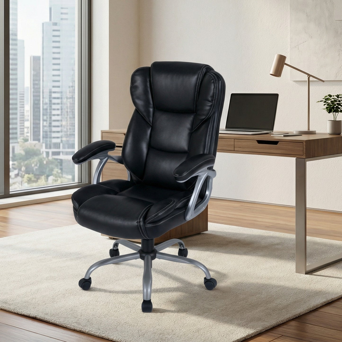Executive Office Chair Leather Ergonomic Computer Desk Chair with Padded Seat and Armrests, Black