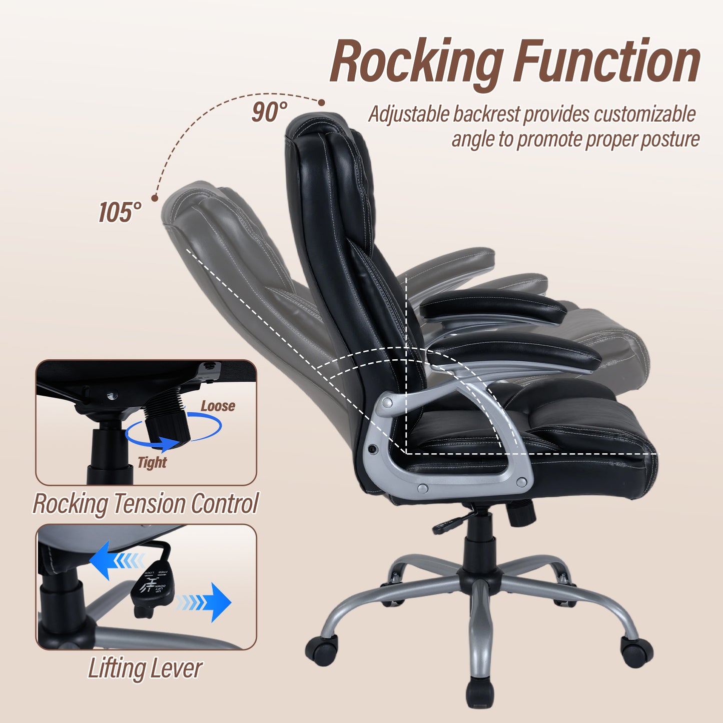 Executive Office Chair Leather Ergonomic Computer Desk Chair with Padded Seat and Armrests, Black