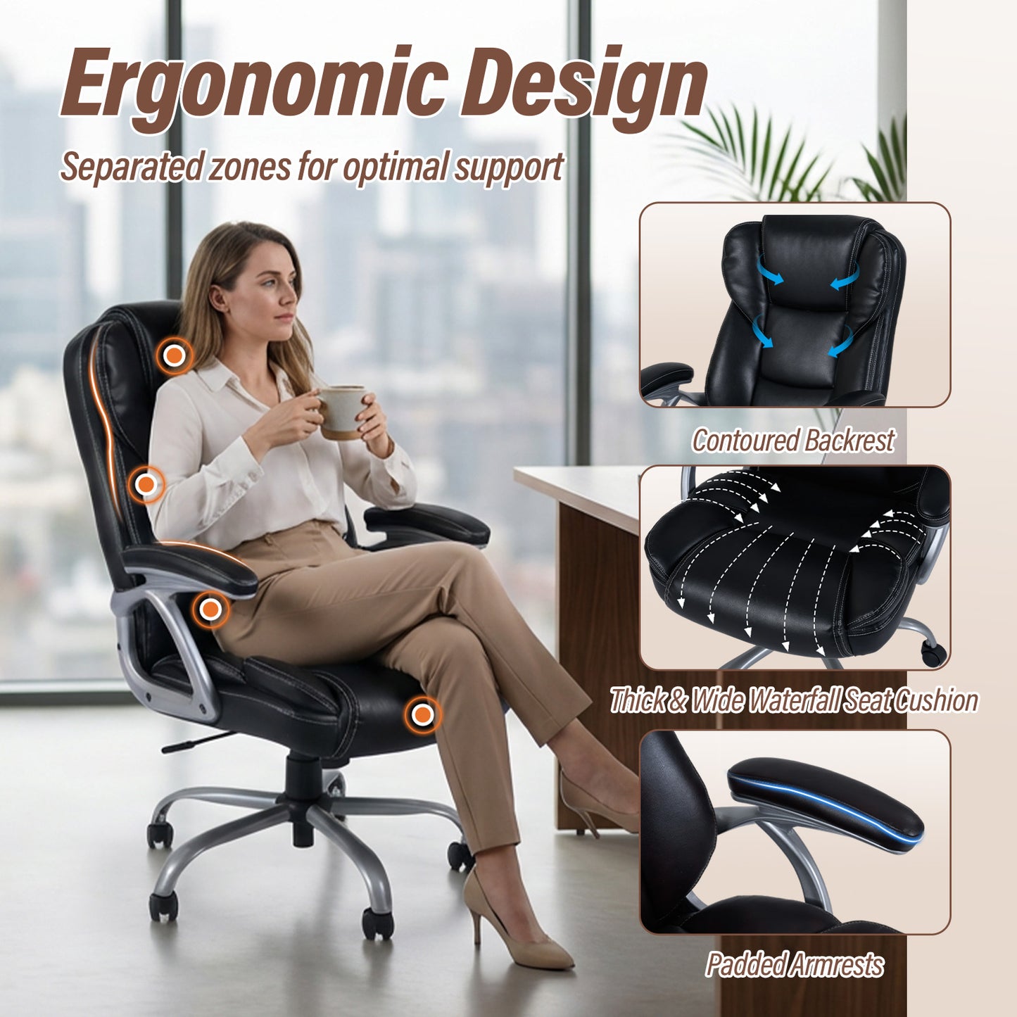 Executive Office Chair Leather Ergonomic Computer Desk Chair with Padded Seat and Armrests, Black