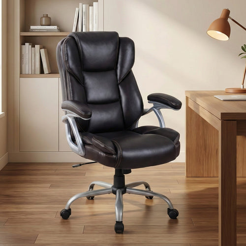 Executive Office Chair Leather Ergonomic Computer Desk Chair with Padded Seat and Armrests, Brown