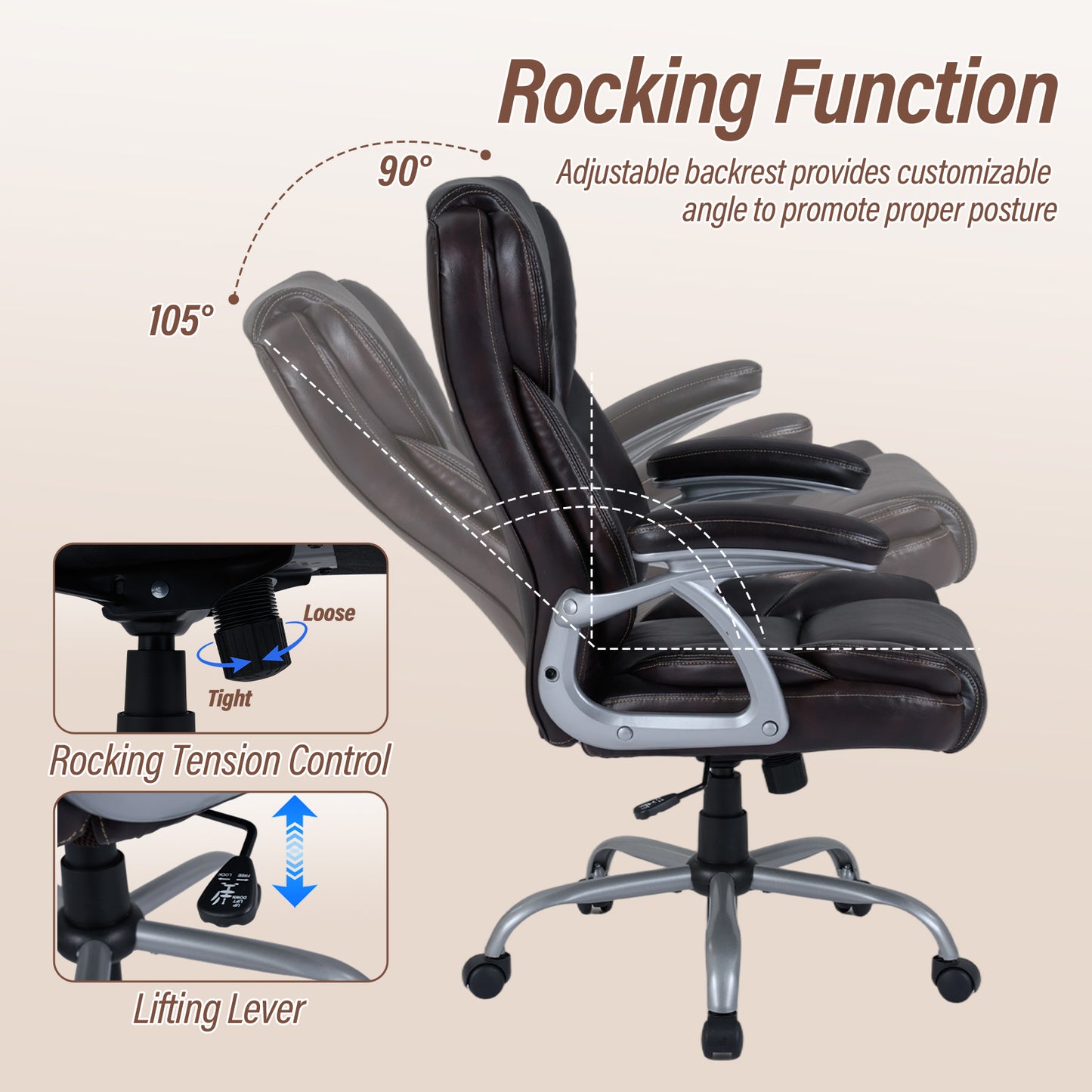 Executive Office Chair Leather Ergonomic Computer Desk Chair with Padded Seat and Armrests, Brown Executive Chairs at Gallery Canada