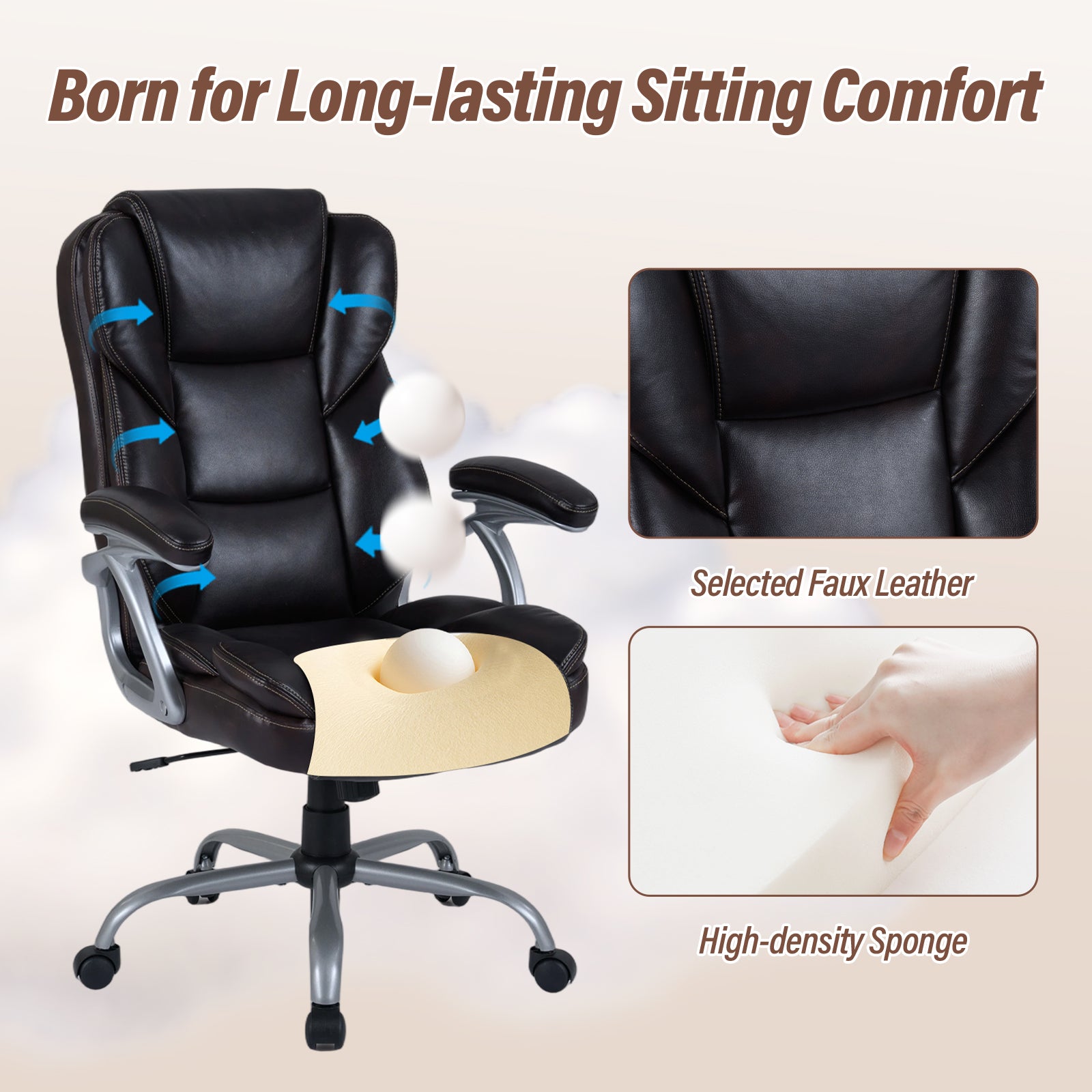 Executive Office Chair Leather Ergonomic Computer Desk Chair with Padded Seat and Armrests, Brown Executive Chairs at Gallery Canada