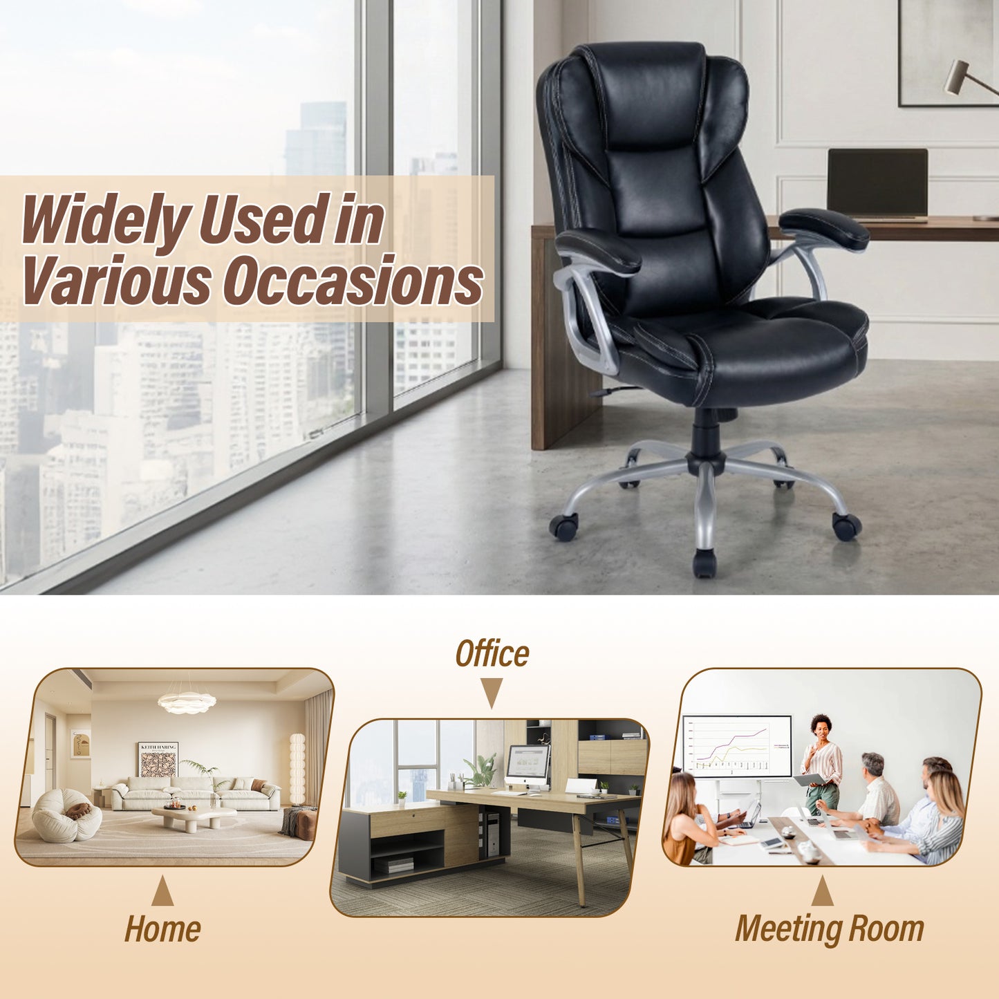 Executive Office Chair Leather Ergonomic Computer Desk Chair with Padded Seat and Armrests, Black Executive Chairs at Gallery Canada