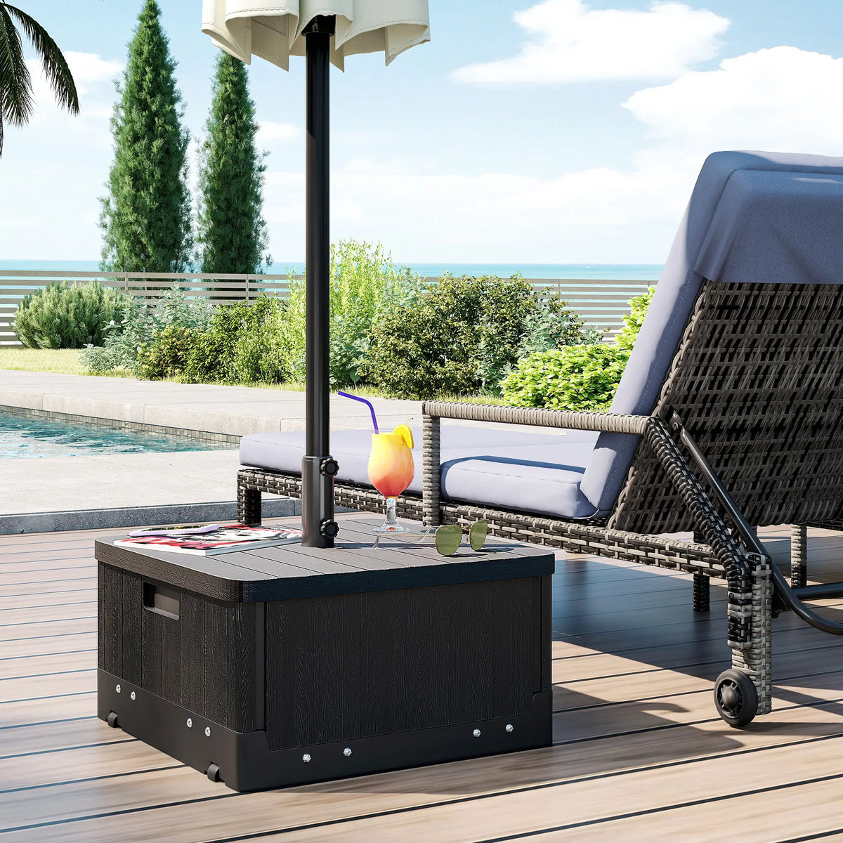 3-in-1 Outdoor Umbrella Base with Wheels, Side Table, Planter Box, 175lbs, Black Umbrella Bases at Gallery Canada