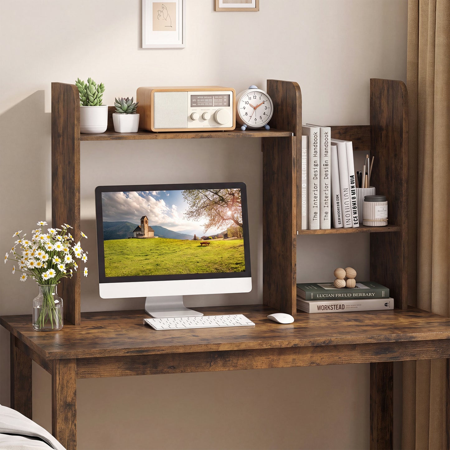 Bibliothèque de bureau extensible, cubes ouverts, support d'affichage de bureau, brun rustique