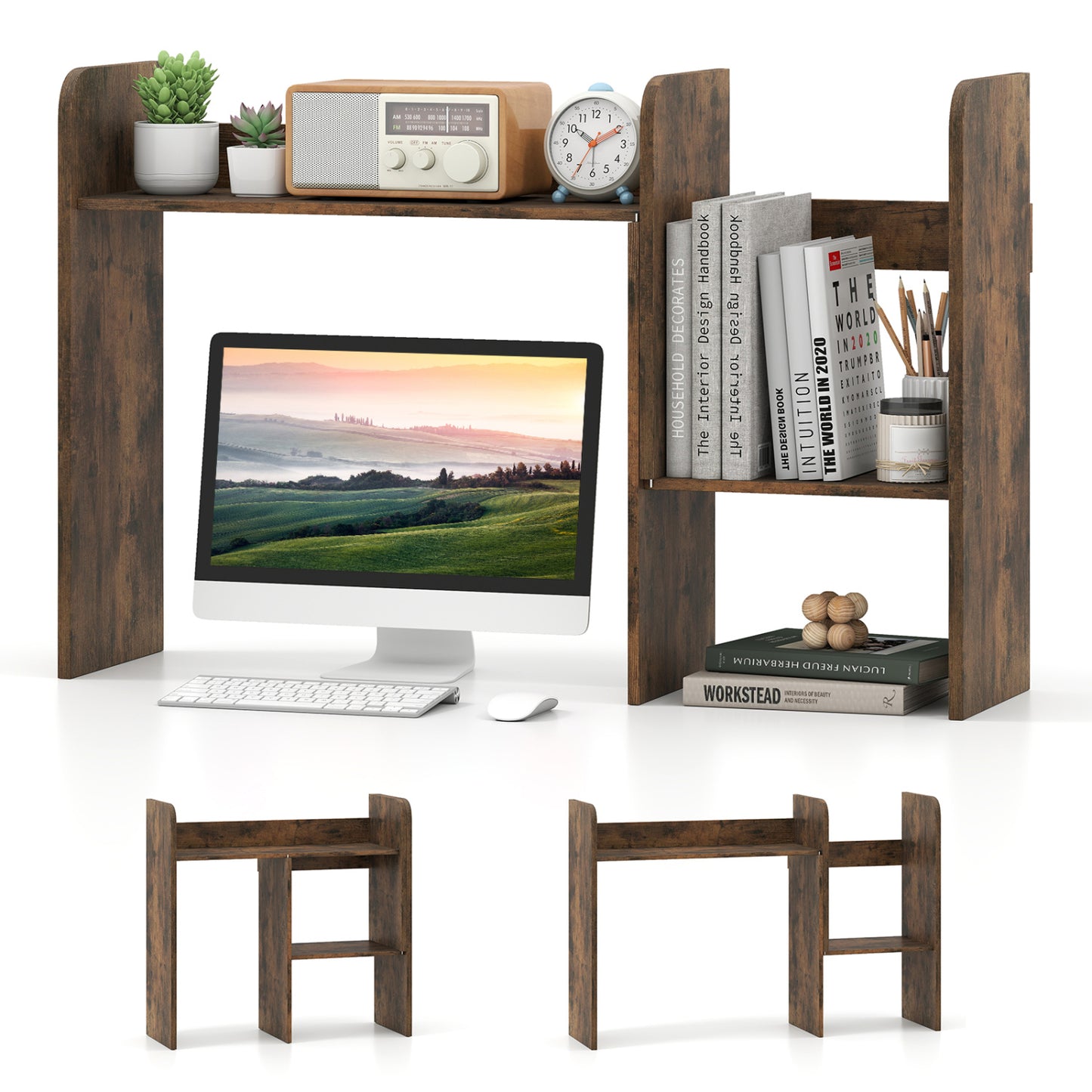Bibliothèque de bureau extensible, cubes ouverts, support d'affichage de bureau, brun rustique