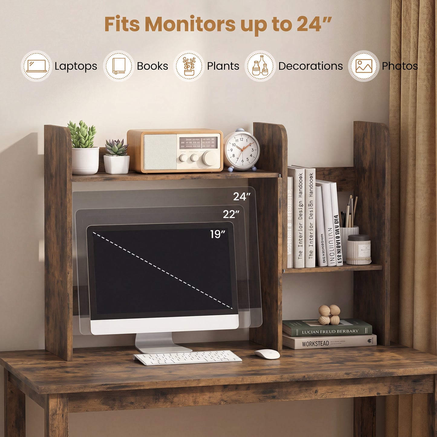 Bibliothèque de bureau extensible, cubes ouverts, support d'affichage de bureau, brun rustique