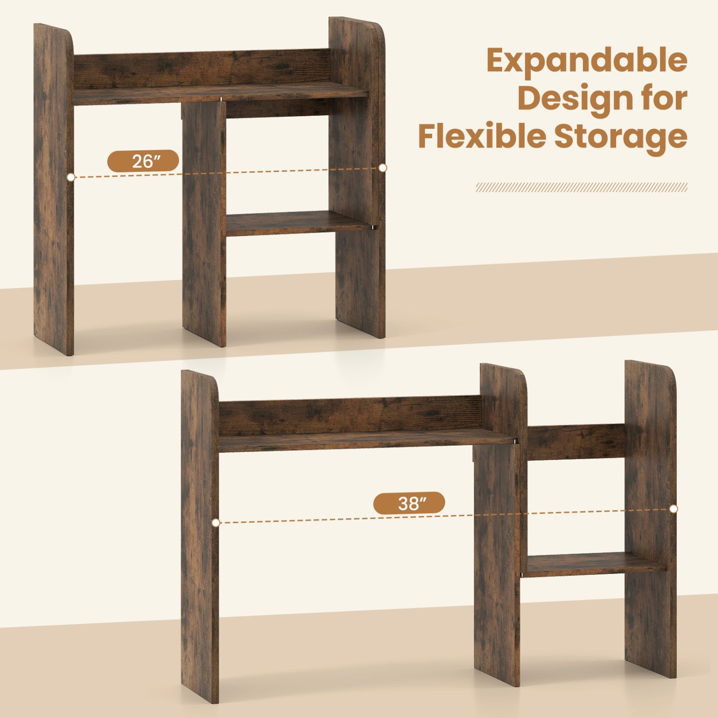 Bibliothèque de bureau extensible, cubes ouverts, support d'affichage de bureau, brun rustique