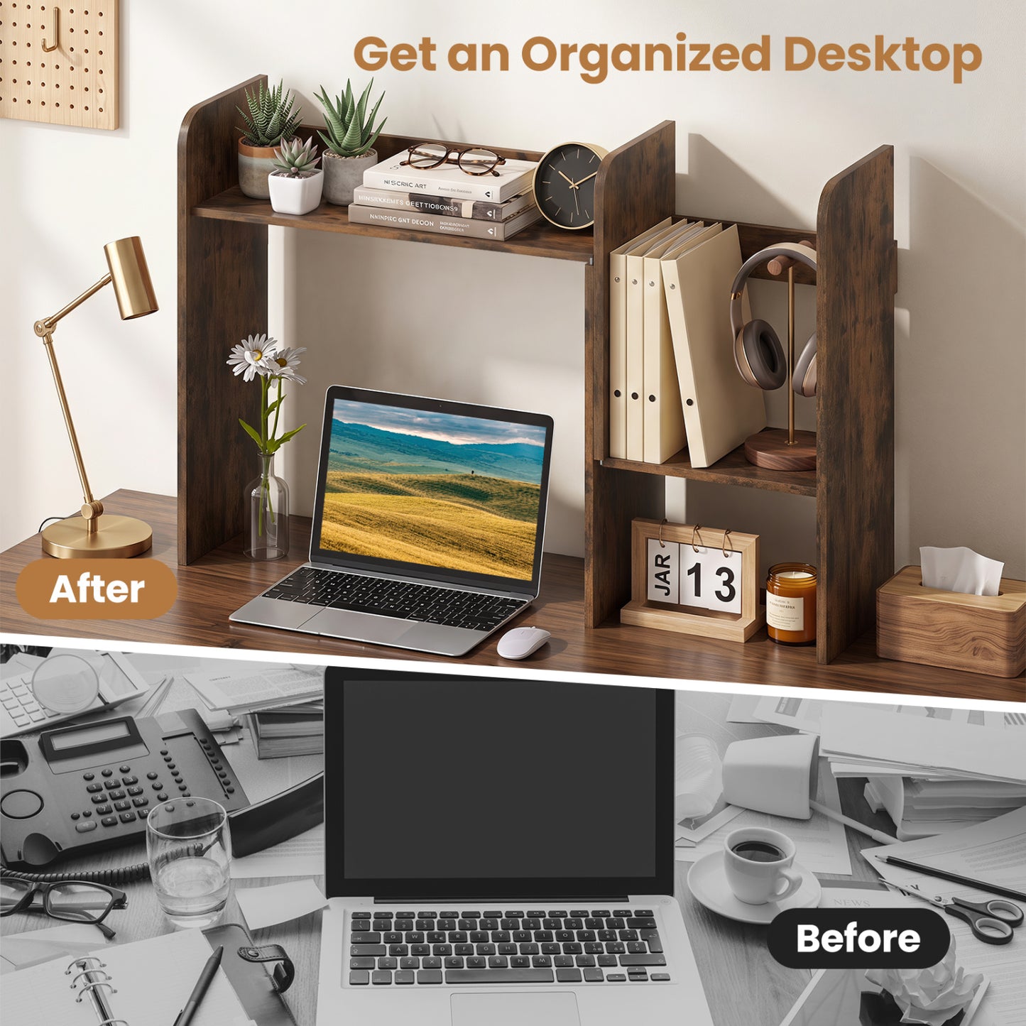 Bibliothèque de bureau extensible, cubes ouverts, support d'affichage de bureau, brun rustique