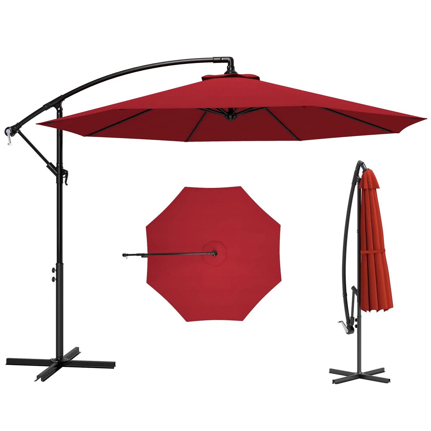 9.7ft Offset Patio Umbrella, Crank Handle, 8 Ribs, Cross Base, Wine Red Offset Cantilever Umbrellas at Gallery Canada