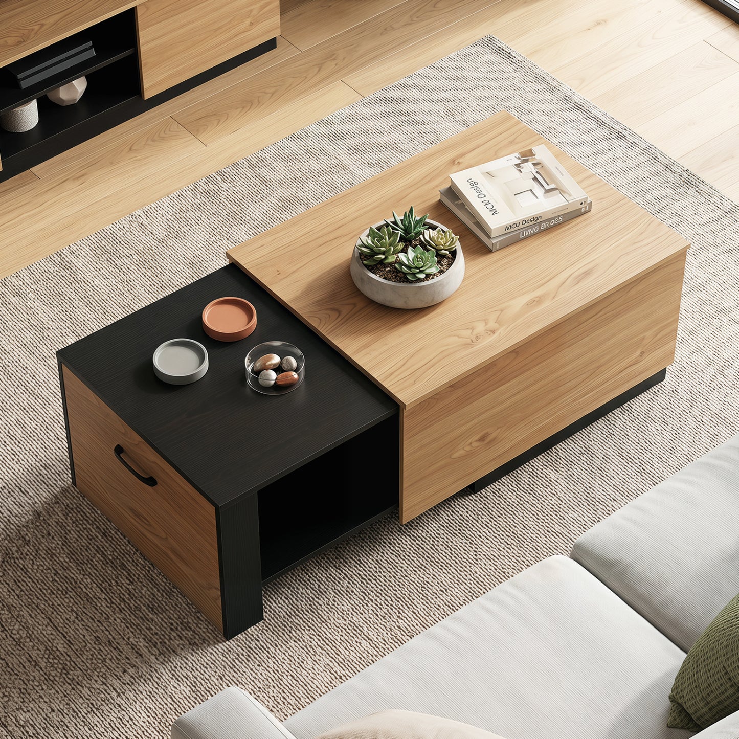 Extendable Coffee Table with Concealed Storage, Natural