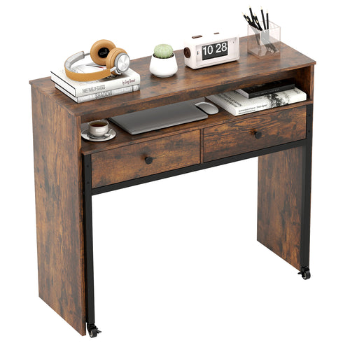 Extendable Computer Desk with 2 Storage Drawers Convertible Home Office Rolling Study Writing Desk, Rustic Brown