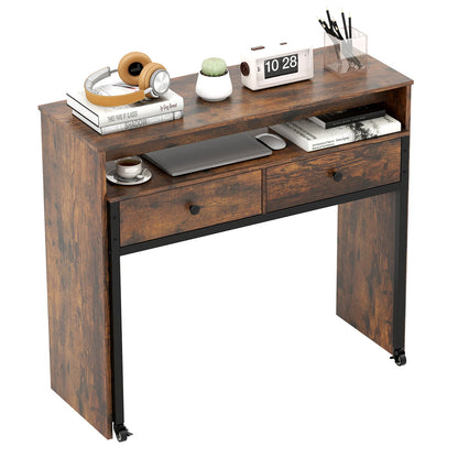 Extendable Computer Desk, 2 Storage Drawers, Rolling Study Desk, Brown Office Desks Rustic Brown at Gallery Canada