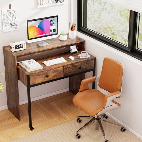 Extendable Computer Desk with 2 Storage Drawers Convertible Home Office Rolling Study Writing Desk, Rustic Brown