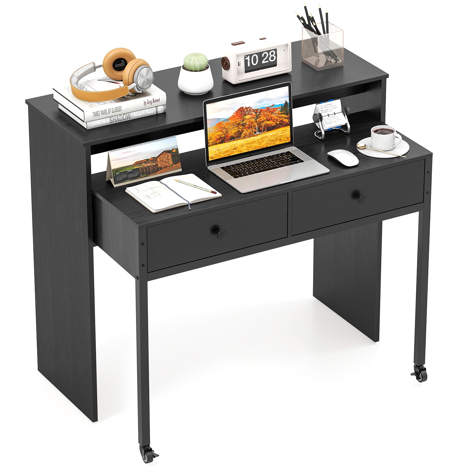 Extendable Computer Desk with 2 Storage Drawers Convertible Home Office Rolling Study Writing Desk, Black Office Desks at Gallery Canada