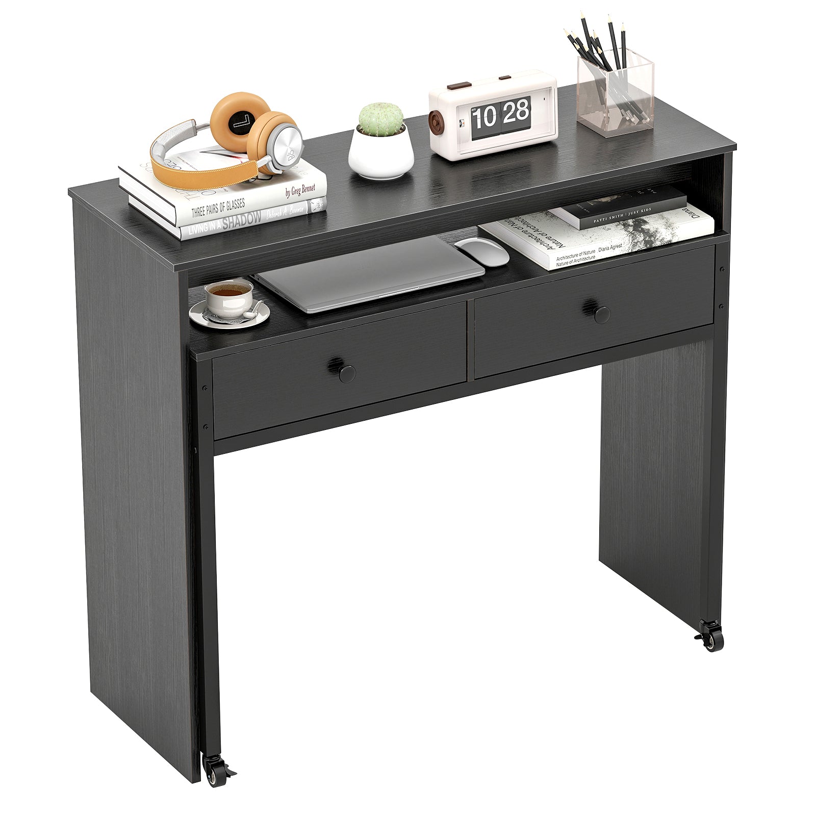 Extendable Computer Desk, 2 Storage Drawers, Rolling Study Writing Desk, Black Office Desks Black at Gallery Canada