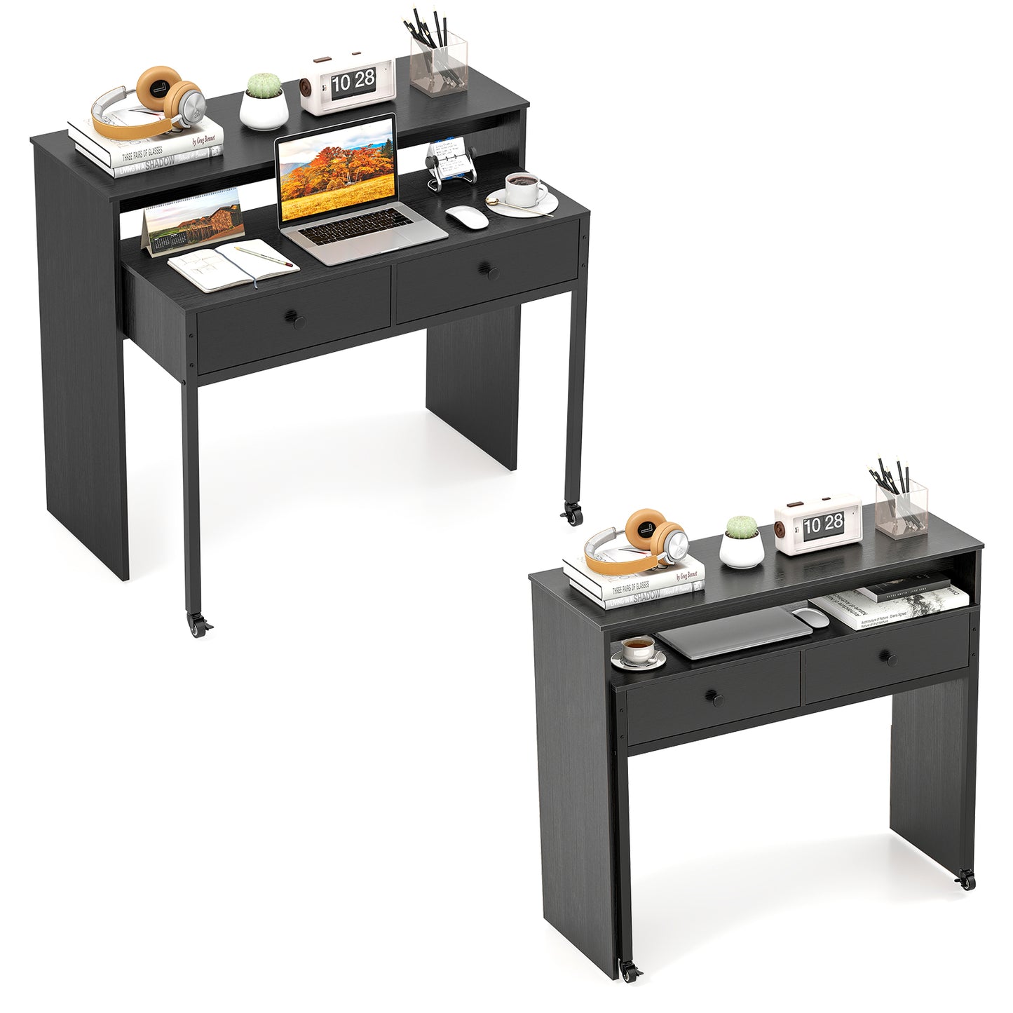 Extendable Computer Desk with 2 Storage Drawers Convertible Home Office Rolling Study Writing Desk, Black Office Desks at Gallery Canada