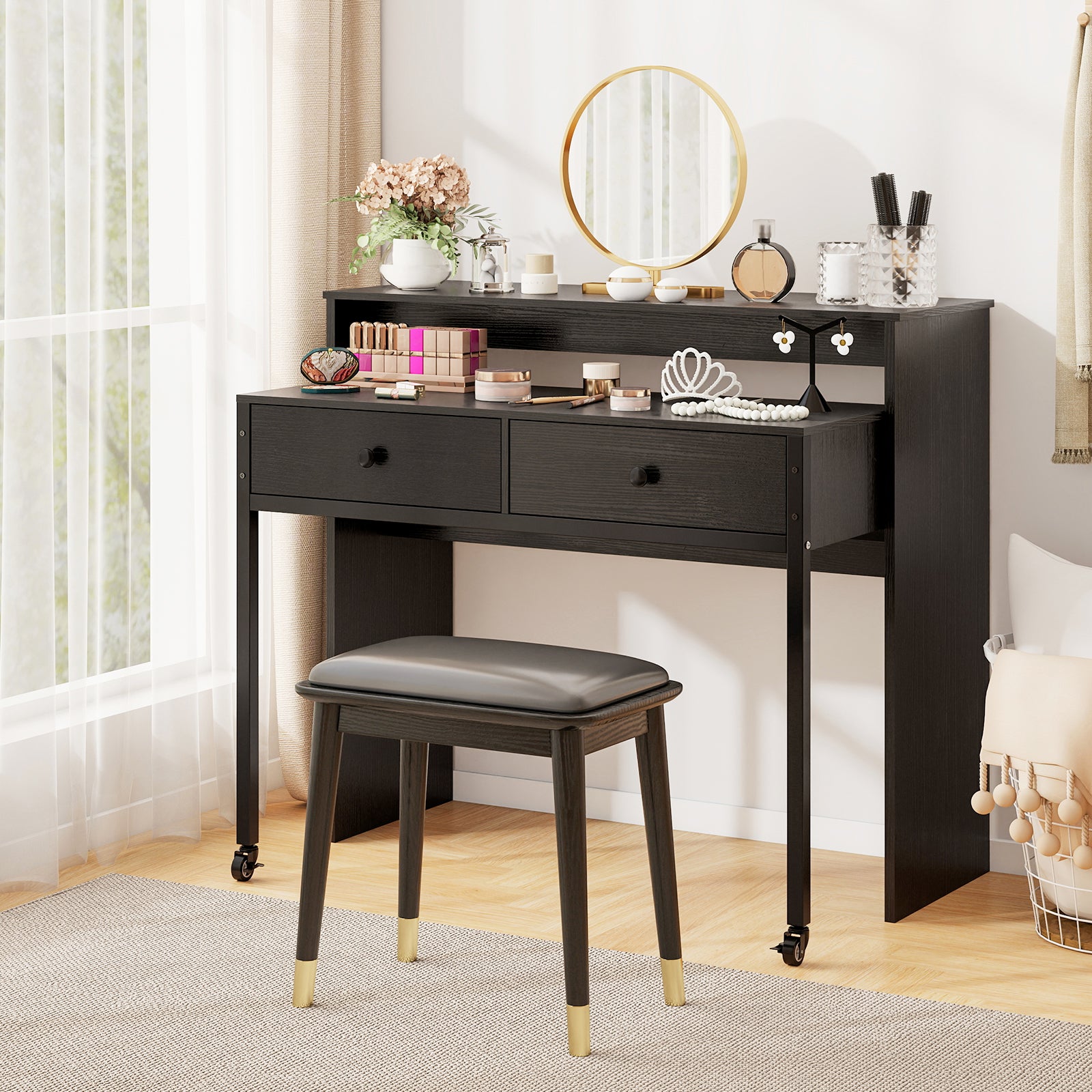 Extendable Computer Desk with 2 Storage Drawers Convertible Home Office Rolling Study Writing Desk, Black Office Desks at Gallery Canada