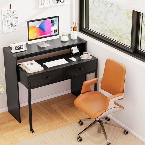 Extendable Computer Desk with 2 Storage Drawers Convertible Home Office Rolling Study Writing Desk, Black