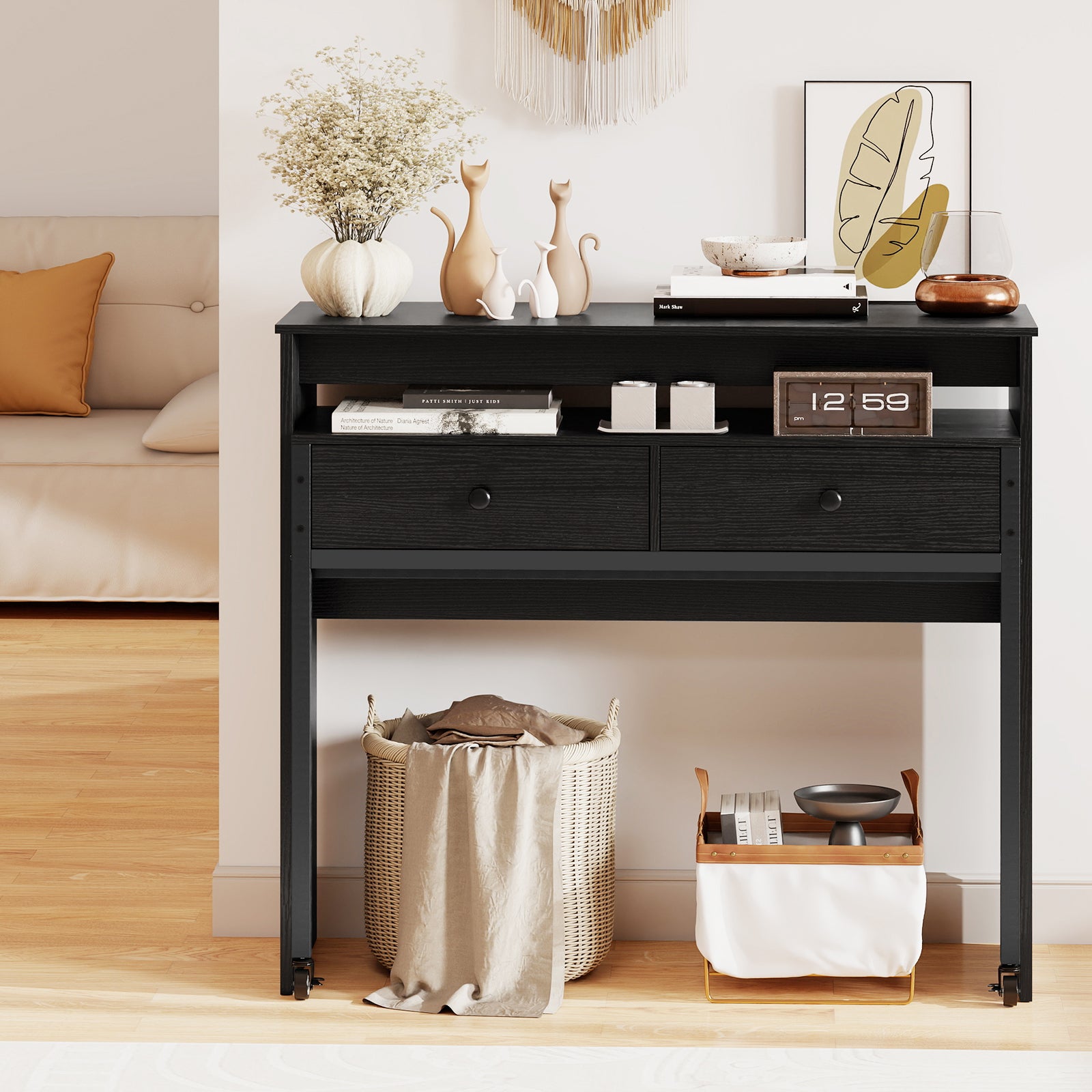 Extendable Computer Desk with 2 Storage Drawers Convertible Home Office Rolling Study Writing Desk, Black Office Desks at Gallery Canada