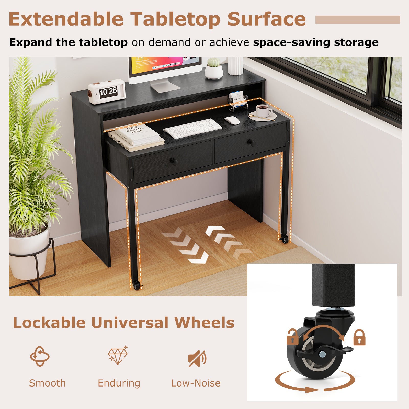 Extendable Computer Desk with 2 Storage Drawers Convertible Home Office Rolling Study Writing Desk, Black Office Desks at Gallery Canada