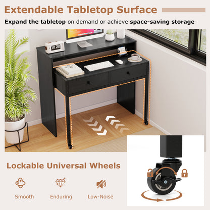 Extendable Computer Desk with 2 Storage Drawers Convertible Home Office Rolling Study Writing Desk, Black Office Desks at Gallery Canada