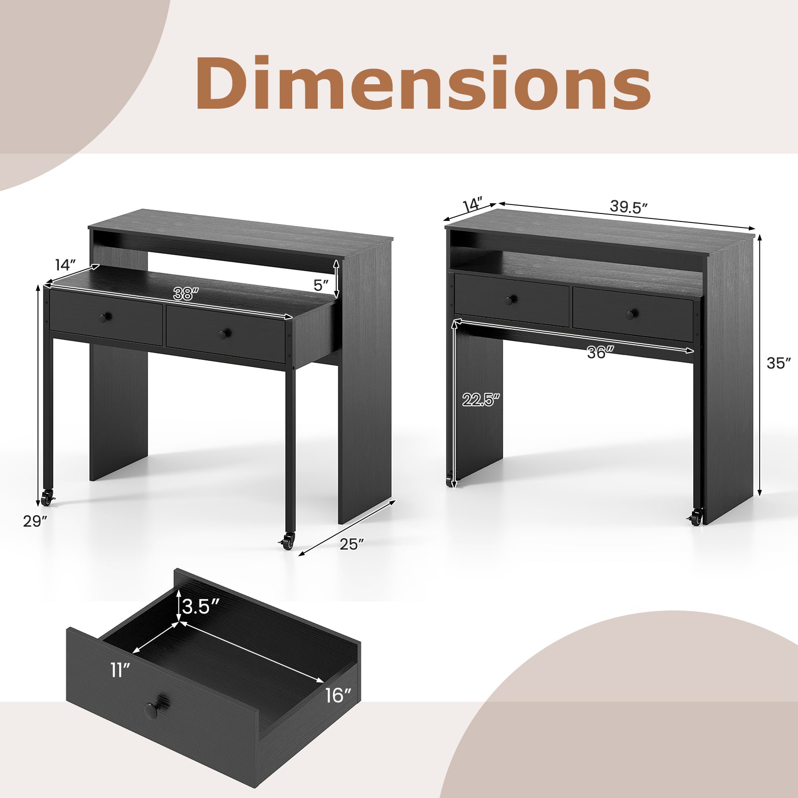 Extendable Computer Desk with 2 Storage Drawers Convertible Home Office Rolling Study Writing Desk, Black Office Desks at Gallery Canada