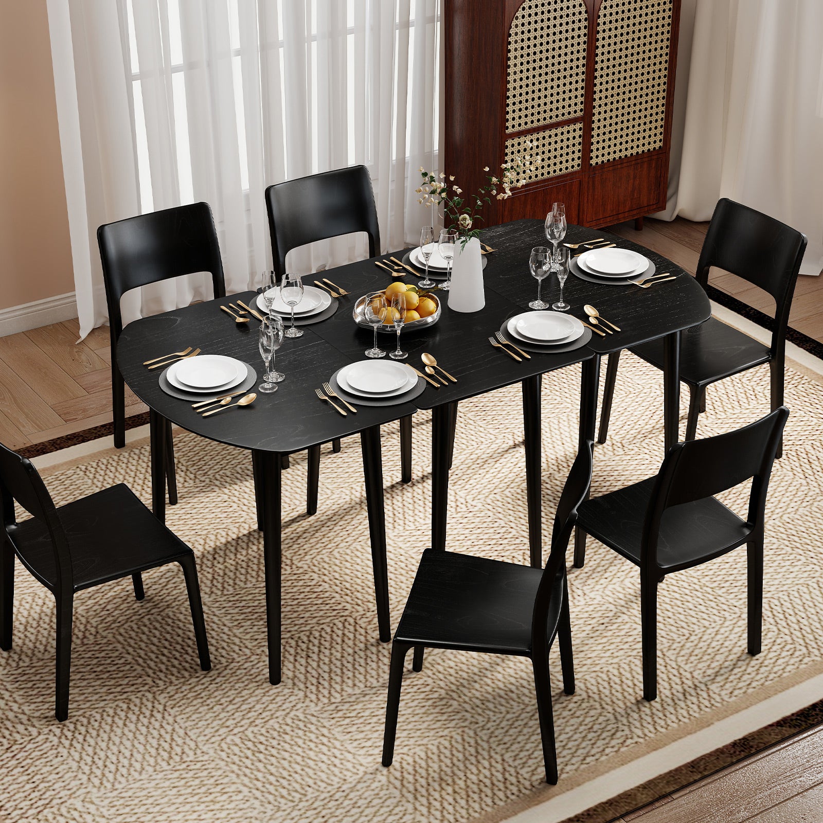 Extendable Dining Table Set, 2 Half-Round 1 Rectangular, Black Dining Tables Black at Gallery Canada
