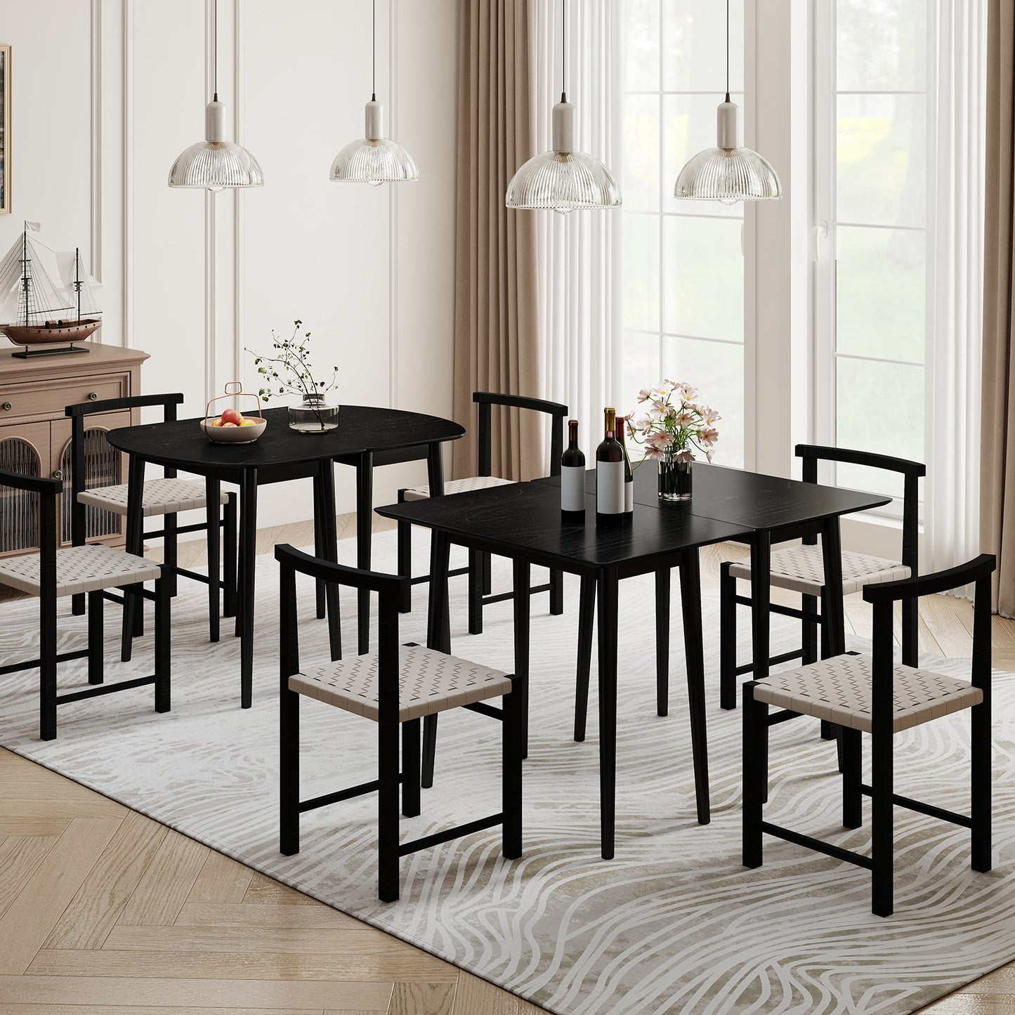 Extendable Dining Table Set, 2 Half-Round 1 Rectangular, Black Dining Tables at Gallery Canada