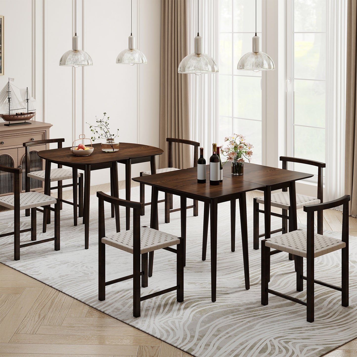 Extendable Dining Table Set, 2 Half-Round 1 Rectangular, Walnut Dining Tables at Gallery Canada